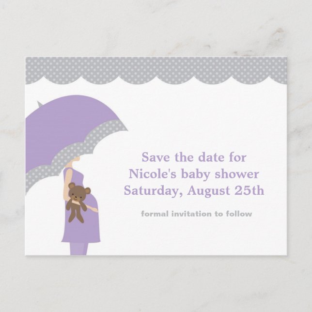 Lavendel Umbrella Baby Dusche Save the Date Ankündigungspostkarte (Vorderseite)