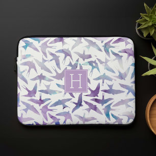 Lavendel und Blaue Wasserfarben Vögel Mit Monogram Laptopschutzhülle