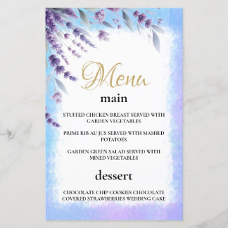 Lavendel und blaues, elegantes Menü mit floralen W