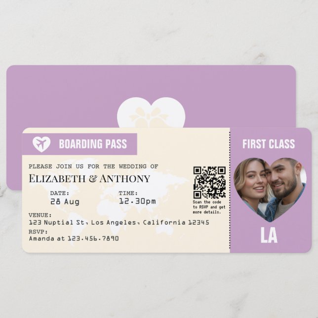 Lavendel- und Creme-Boarding-Pass-Hochzeit Einladung (Vorne/Hinten)