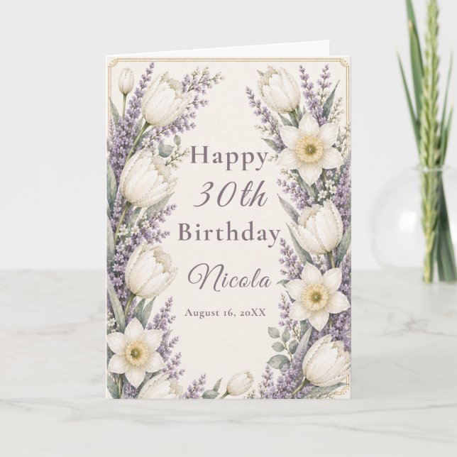 Lavendel- und Elfenbein-Geburtstag Karte (Vorderseite)
