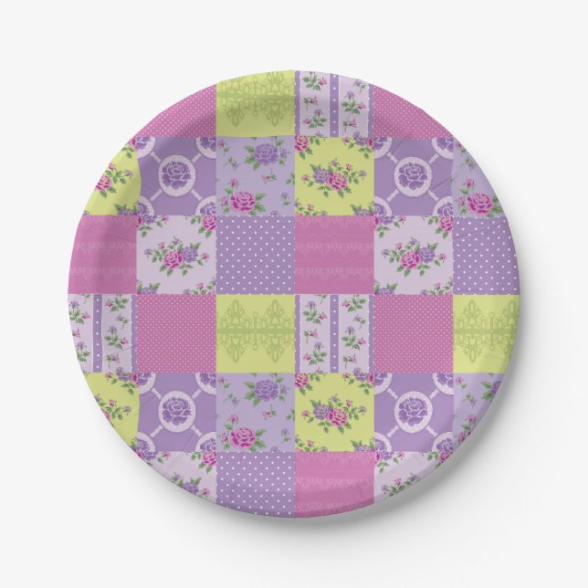 Lavendel- und Gelb-Patchwork-Quilt-Muster Pappteller (Vorderseite)