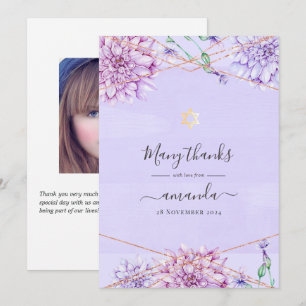 Lavendel- und Gold-Blumen geometrische Bat Mitzvah Dankeskarte
