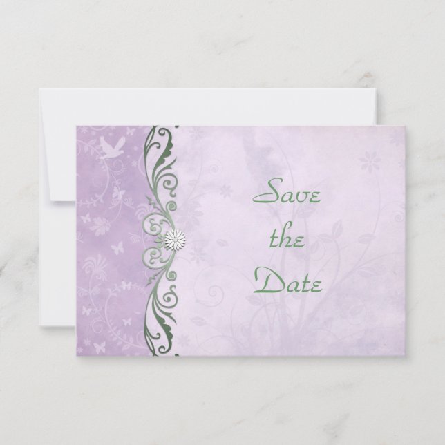 Lavendel und grüne Blumenzehen speichern das Datum Save The Date (Vorderseite)