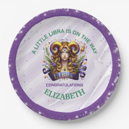 Lavendel und grüne Libra-Sternzeichen-Baby-Party Pappteller