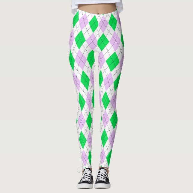 Lavendel und grüne Raute Leggings (Vorderseite)