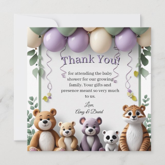 Lavendel und Grüne Tiere Danke Karte (Vorderseite)