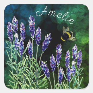Lavendel und Hummeln mit Aquarellfarben bemalt Quadratischer Aufkleber