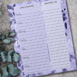 Lavendel- und Lebensmittelplaner Notizblock<br><div class="desc">Blue and Lavender Floral Meal Planner und Lebensmittelliste Notepad, um Ihre Woche zu organisieren. Dieses Notizblock hat einen wöchentlichen Planer auf jeder Seite, mit ausgekleideten Sektionen für jeden Wochentag und einer großen Box für Ihre Einkaufsliste. Das Design ist mit einem floralen Aquarell in Blau- und Lavendeltönen gestaltet. Sie können auch...</div>
