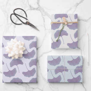 Lavendel- und Pastellblaue Ginkoblätter Geschenkpapier Set