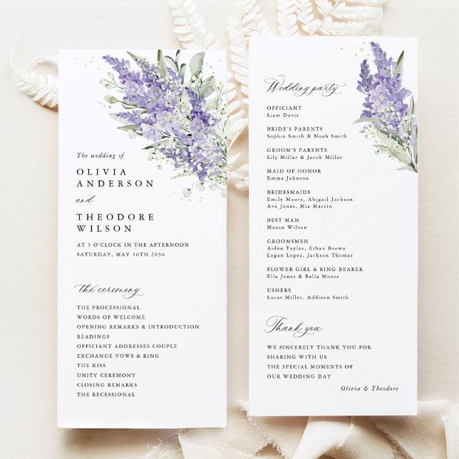 Lavendel und Salbei Grün Florale Hochzeitszeremoni Programm (Lavender sage green floral wedding program cards with ceremony order and wedding party, watercolor)