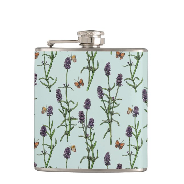 Lavendel und Schmetterlinge auf Meerglas Flachmann (Vorderseite)
