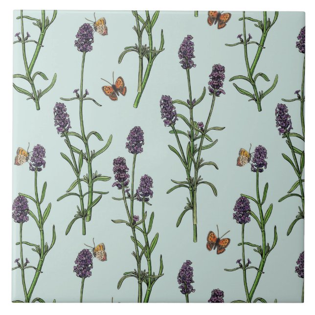 Lavendel und Schmetterlinge auf Meerglas Fliese (Vorderseite)