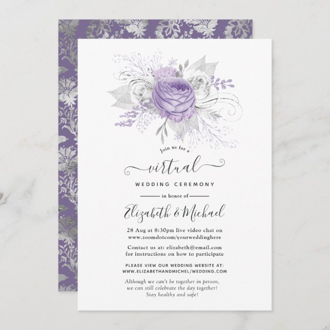 Lavendel und Silver Floral Virtual Wedding Einladung (Vorne/Hinten)
