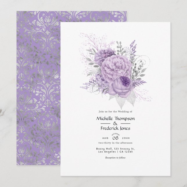 Lavendel und Silver Floral Wedding Einladung (Vorne/Hinten)