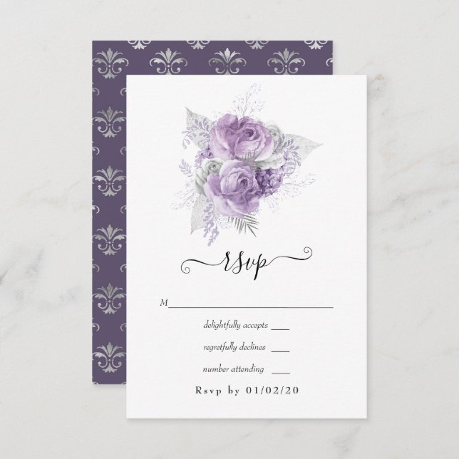 Lavendel und Silver Floral Wedding RSVP Karte (Vorne/Hinten)