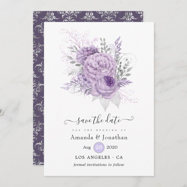Lavendel und Silver Floral Wedding Save The Date (Vorne/Hinten)