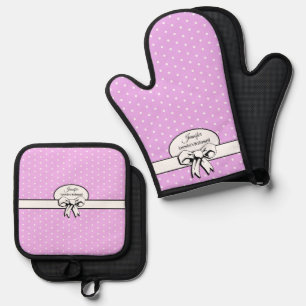 Lavendel- und Weißpolka-Punkte und Bow Personalisi Ofenhandschuh & Topflappen-Set