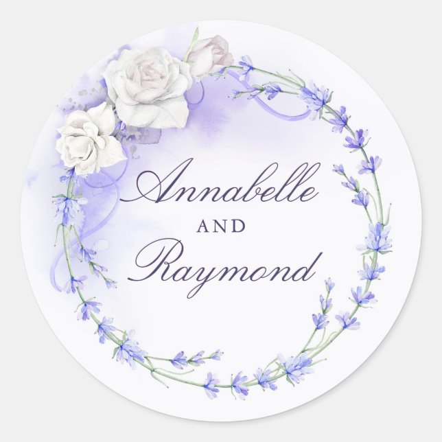 Lavendel und White Roses Wreath Elegante Runder Aufkleber (Vorderseite)