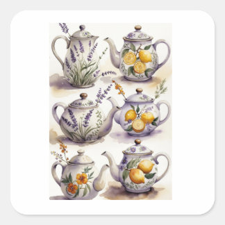 Lavendel- und Zitronenteekannen-Kollektion Wasserf Quadratischer Aufkleber