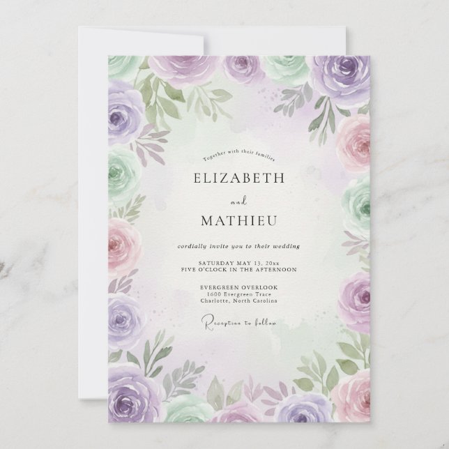 Lavendel-Veilchen-Blüten-Hochzeit Einladung (Vorderseite)