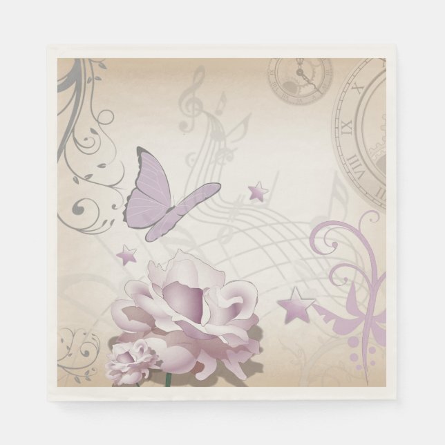 Lavendel Vintage Blume, Schmetterling, Musik, Uhre Serviette (Vorderseite)