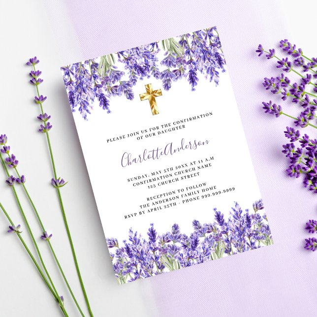 Lavendel violette Blumen überqueren Luxus-Bestätig Einladung (Von Creator hochgeladen)