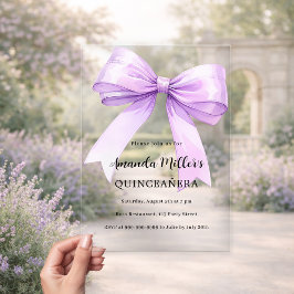 Lavendel violetter Bogen klare Quinceanera Acryleinladungen