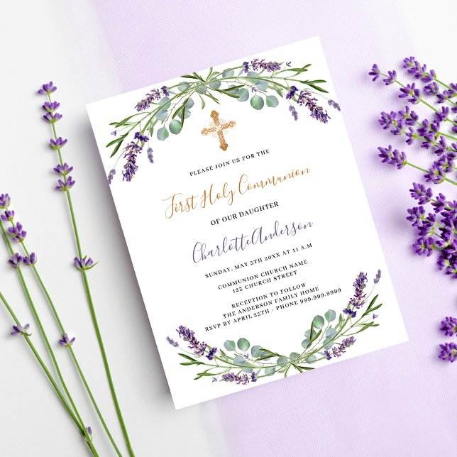 Lavendel-Violettfloralen Erste Kommune Einladungspostkarte (Von Creator hochgeladen)