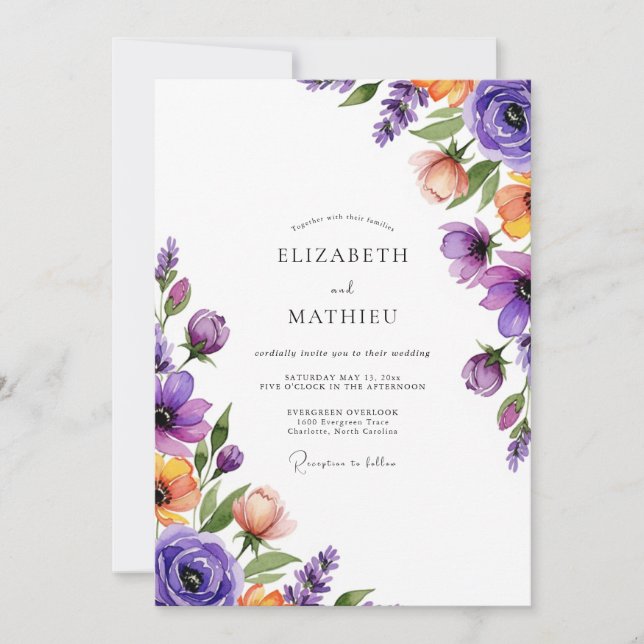 Lavendel Wasserfarben-Hochzeit Einladung (Vorderseite)