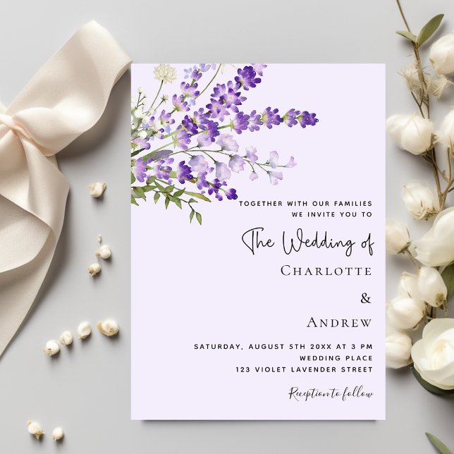 Lavendel Wasserfarbene Blumen Violett Hochzeit Einladung (Von Creator hochgeladen)
