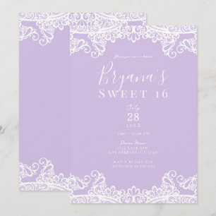 Lavendel & Weiße Spitze Elegante Sweet 16 Party Einladung