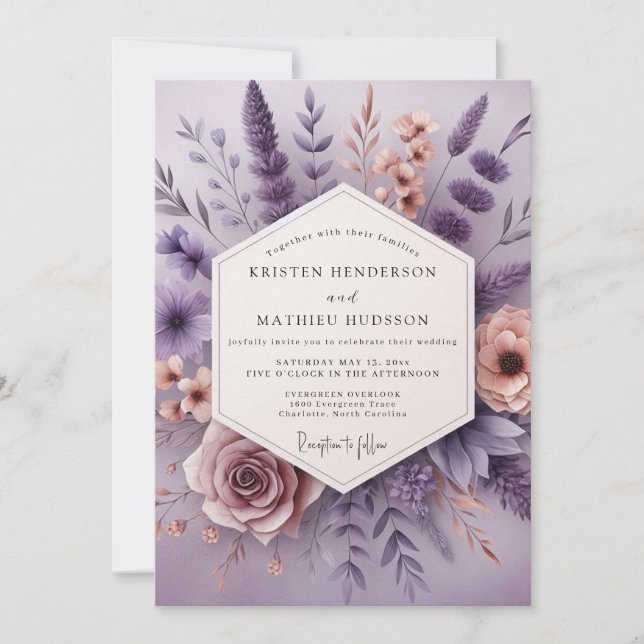 Lavendel Whimsical Bloom Hochzeit Einladung (Vorderseite)