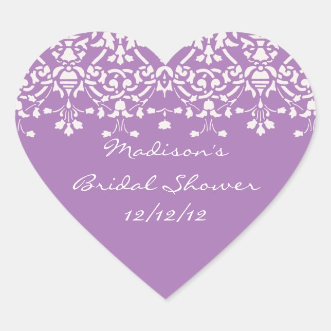 Lavendel & White Damask Brautdusche Heart Sticker (Vorderseite)
