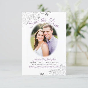 Lavendel & White Einfach Hochzeitsfeier Oval Foto Save The Date
