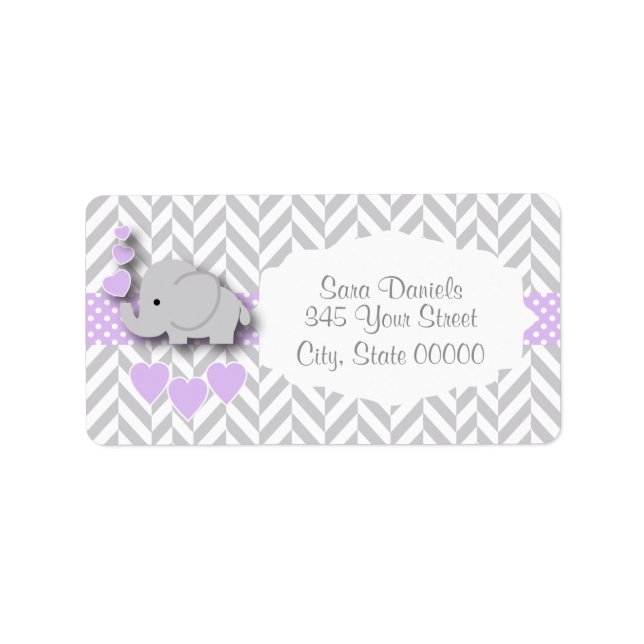 Lavendel, White Gray Elephant Baby Dusche Adressaufkleber (Vorne)