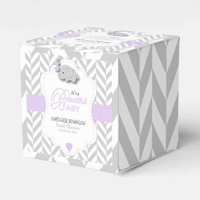 Lavendel, White Gray Elephant Baby Dusche Geschenkschachtel (Vorderseite)