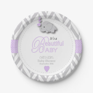 Lavendel, White Gray Elephant Baby Dusche Pappteller