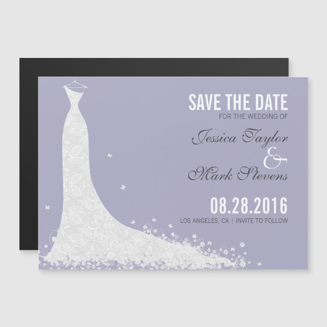 Lavendel & White Lace Hochzeitskleid Save the Date Magneteinladung (Vorne/Hinten)
