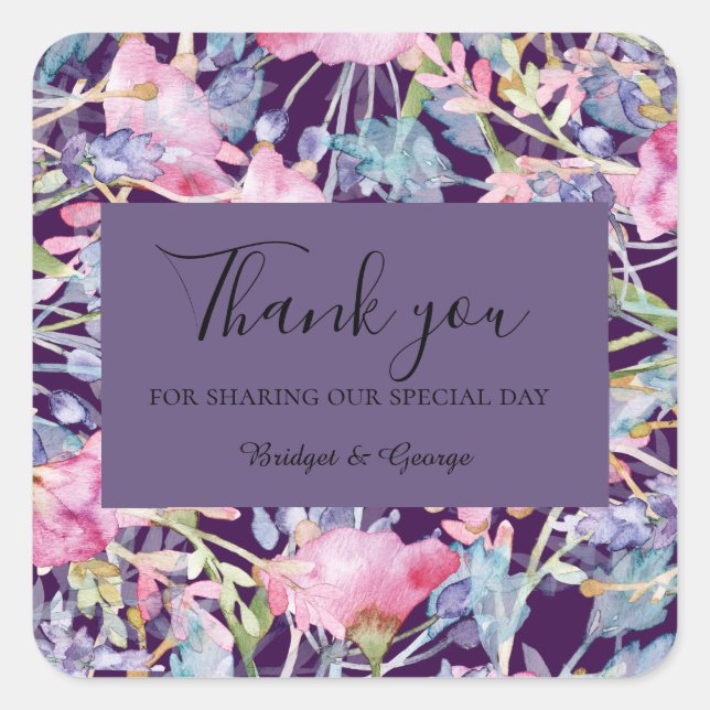 Lavendel Wildblume Hochzeit Quadratischer Aufkleber (Vorderseite)