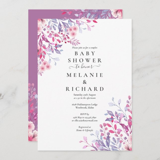 Lavendel Wildblumen Blumenpaare Kinderdusche Einladung (Vorne/Hinten)