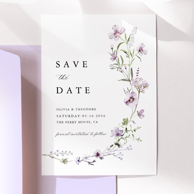 Lavendel-Wildblumen-Hochzeit Save The Date (Lavender Wildflower Save the Date Card, Lilac Purple Floral Botanical Wedding Announcement Card)