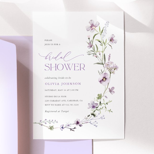 Lavendel-Wildblumen-Hochzeitsdusche Einladung (Lavender Wildflower Bridal Shower Invitation, Purple Lilac Botanical Floral Garden Shower Invite)
