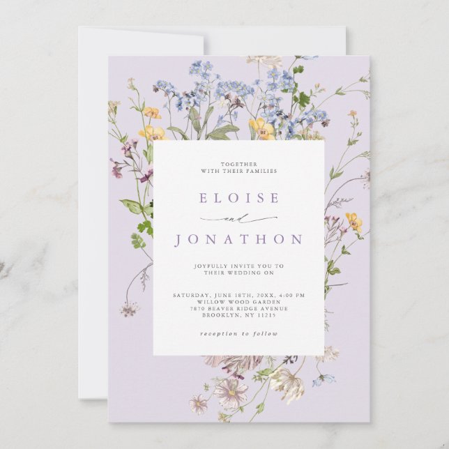 Lavendel-Wildblumenwiese-Garten-QR-Code-Hochzeit Einladung (Vorderseite)