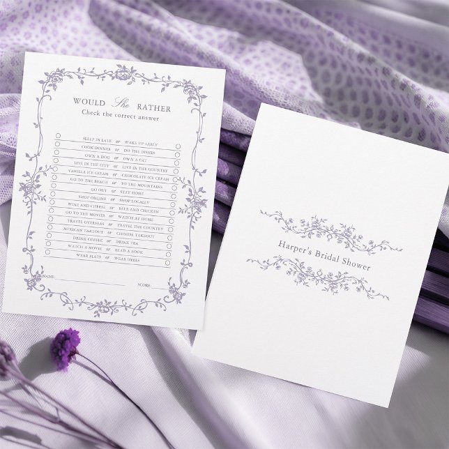 Lavendel 'Würde sie eher' Brautparty-Spiel (Front & Back)
