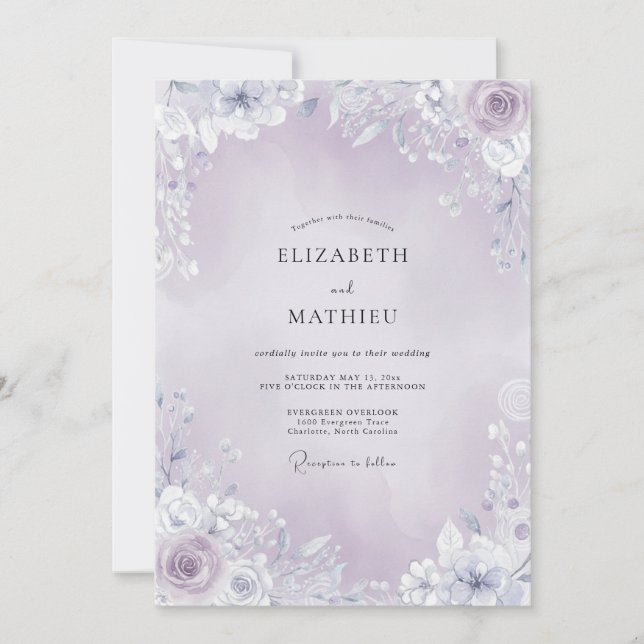 Lavendel-Zarter Blumenrand-Hochzeit Einladung (Vorderseite)