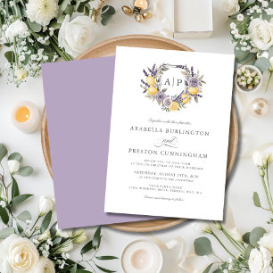 Lavendel-Zitronen-Monogramm-Blumenwappen-Hochzeit Einladung