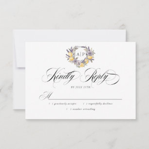 Lavendel-Zitronen-Monogramm-Blumenwappen-Hochzeit RSVP Karte