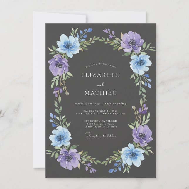 Lavendelblaue florale Hochzeit Einladung (Vorderseite)