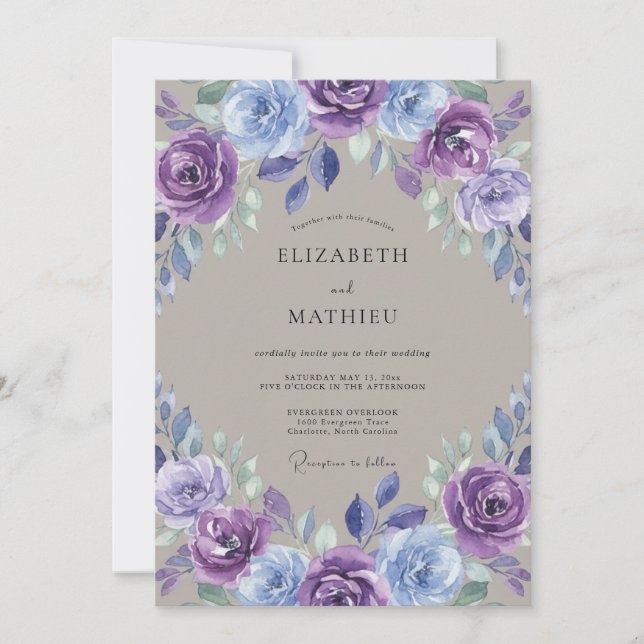 Lavendelblaue Florale Hochzeit Einladung (Vorderseite)
